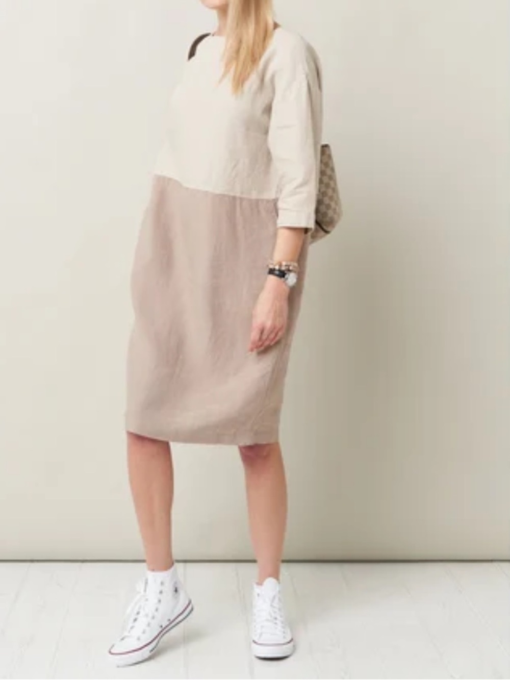 Tahari 100% Linen Dress Tunic Two Tone White/Beige  With Pockets Size Medium